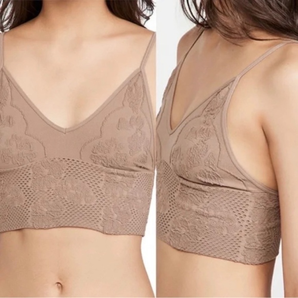 Free‎ People Adella Bralette Sand Tan Floral Lace Boho V-Neck Crop Top M/L NEW